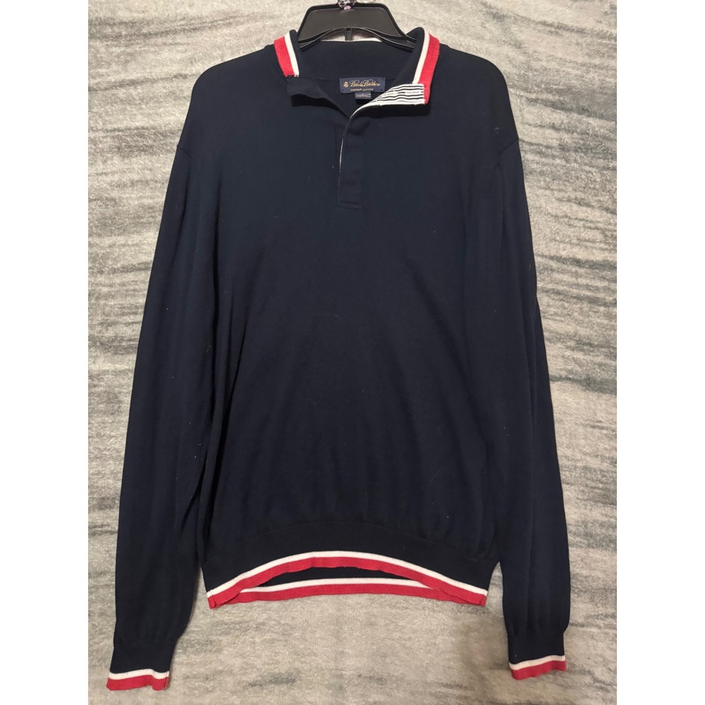 Brooks Brothers Navy Supima Cotton Polo Sweater Red White Striped Trim Mens L